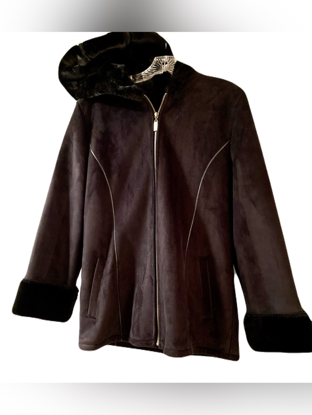 Marvin Richards Black Faux Suede Zip Jacket with Fur-Trim Hood